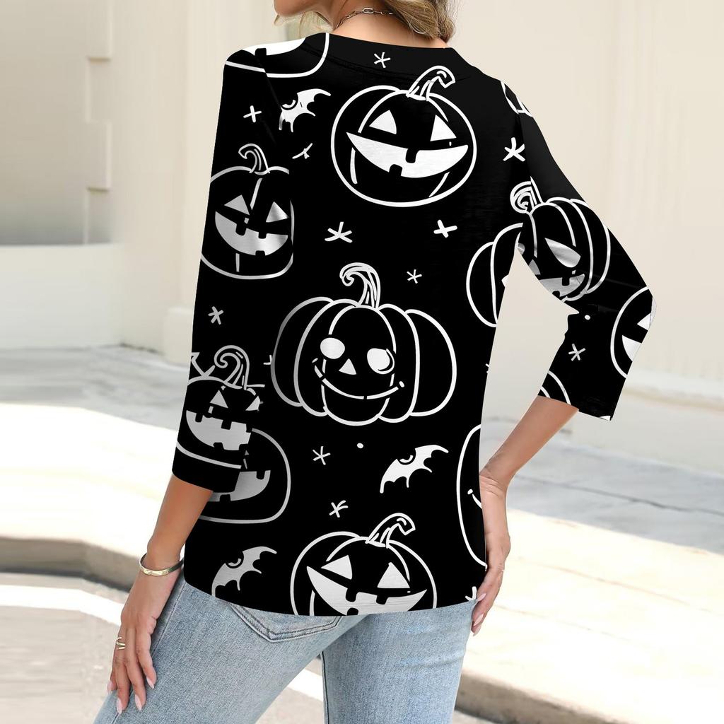 Women's Fashion Casual Print Button-down Shirt 3/4 Long Sleeve Tops