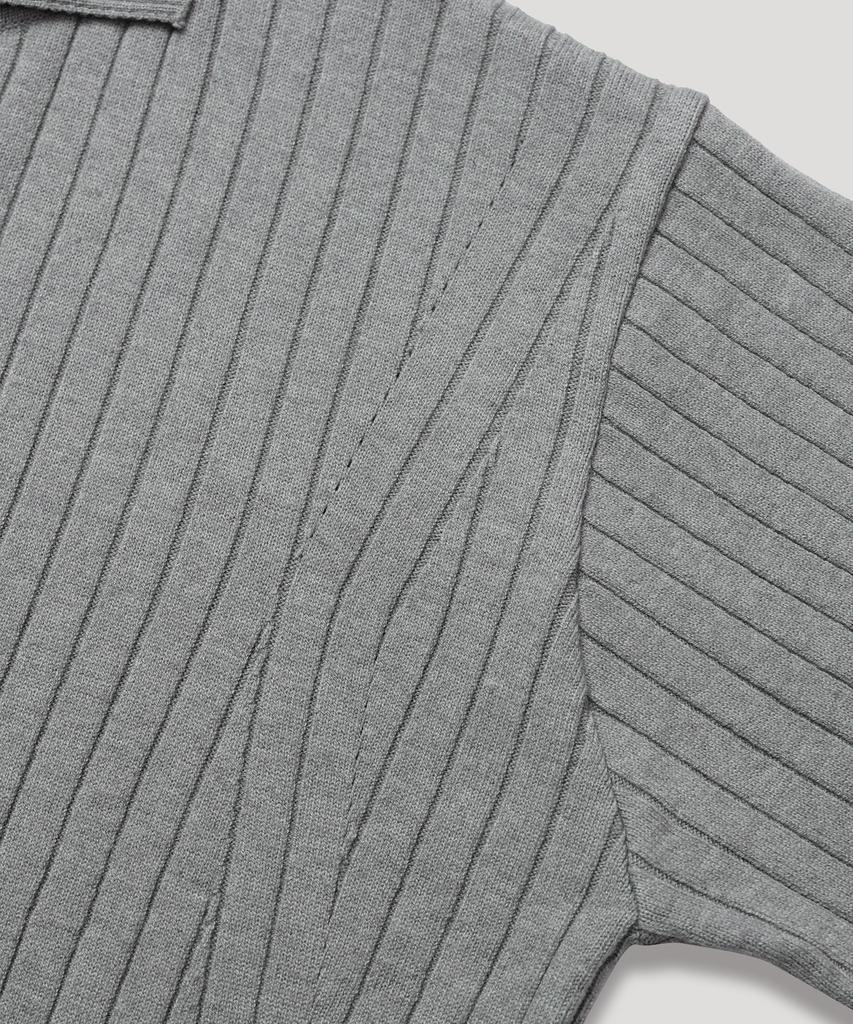 Nodu Rivet Collar Ribbed Knit Zip-Up Cardigan [Gray]