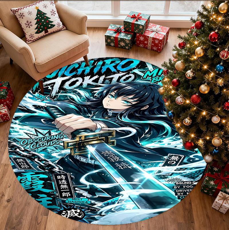 Demon Slayer Pattern Round Rug, Indoor/Outdoor Mat, for Picnic, Gameroom, Bedroom, Office, Living Room, Home Decor Carpet, Birthday Gift