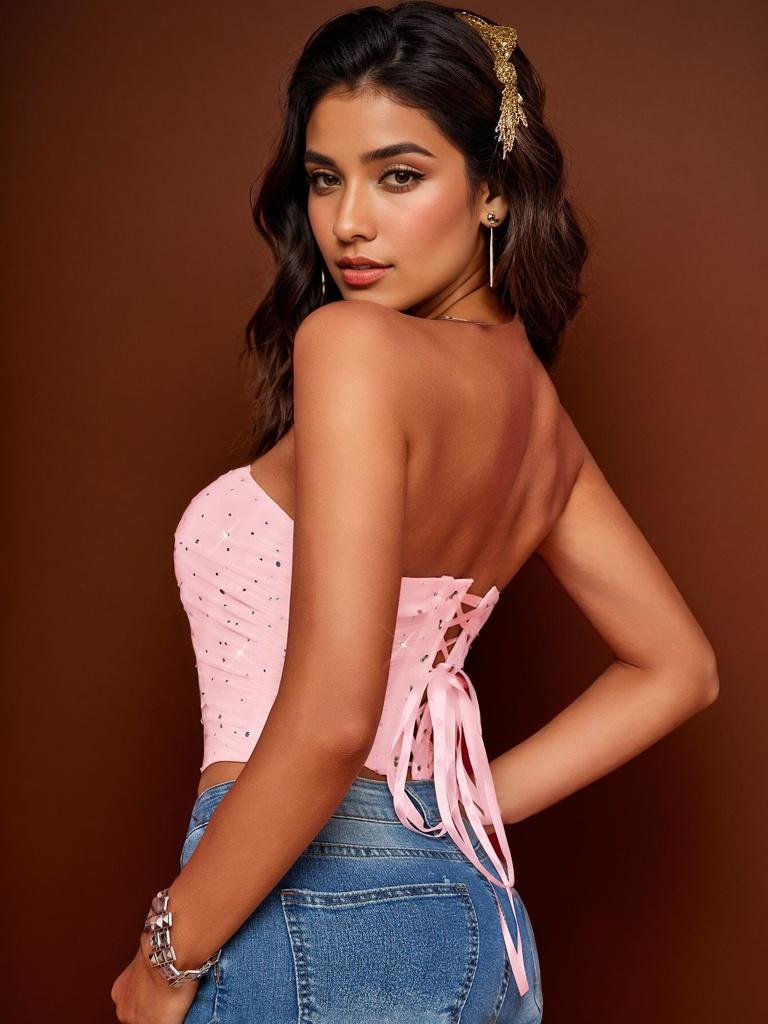 Rose Beauty A Rave Valentine's Day Elegant Sparkling Sequin Decor Fishbone Detail Grommet Lace Up Back Overbust Corset Shapewear Party Crop Tube Top