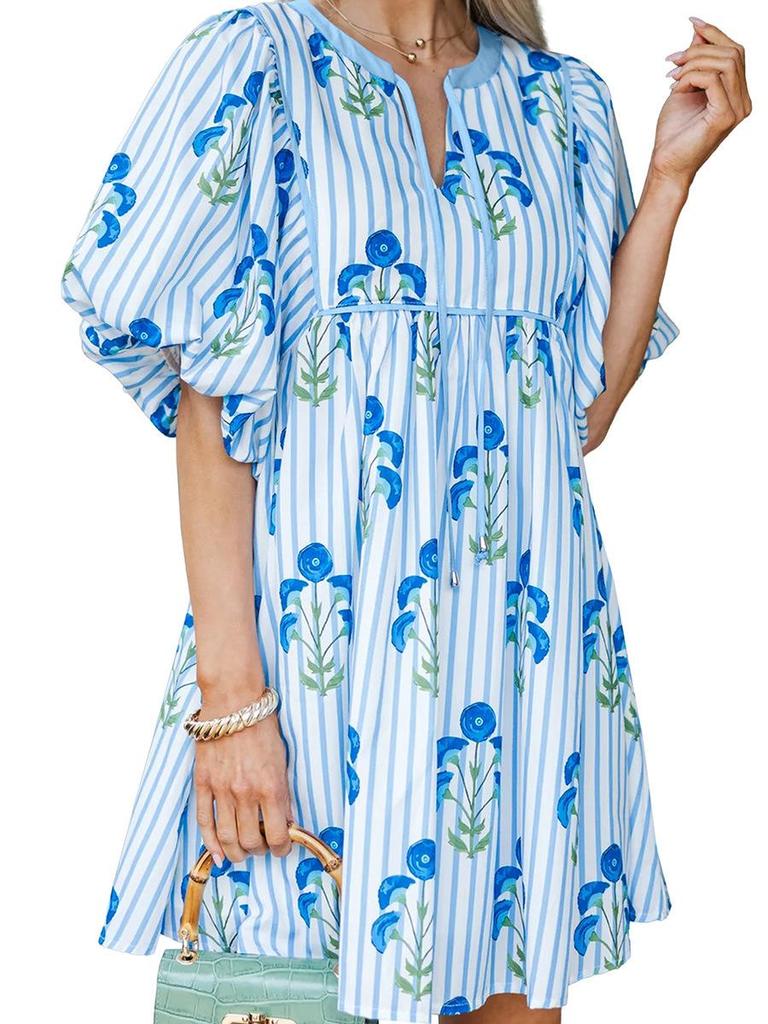 2026 Florales V-Ausschnitt Kurzarm Damenkleid - Europäischer & Amerikanischer Trend