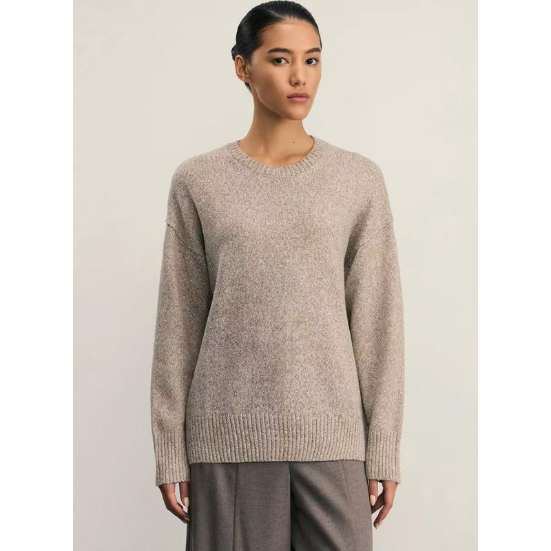 

Fashion New Arrival Fashion Pure Color Crew Neck Long Sleeves Knitting Sweater Loose All-Matching Top Knitted Sweater Apricot XL