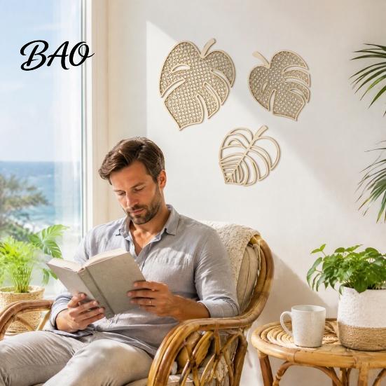 Wandkunst aus Naturholz 3-teilige Holz-Monstera-Dekorationen, Böhmisches Hängeornament, Hohl-Dekor mit tropischem Blatt für Zuhause Wohnzimmer Schlafzimmer Büro
