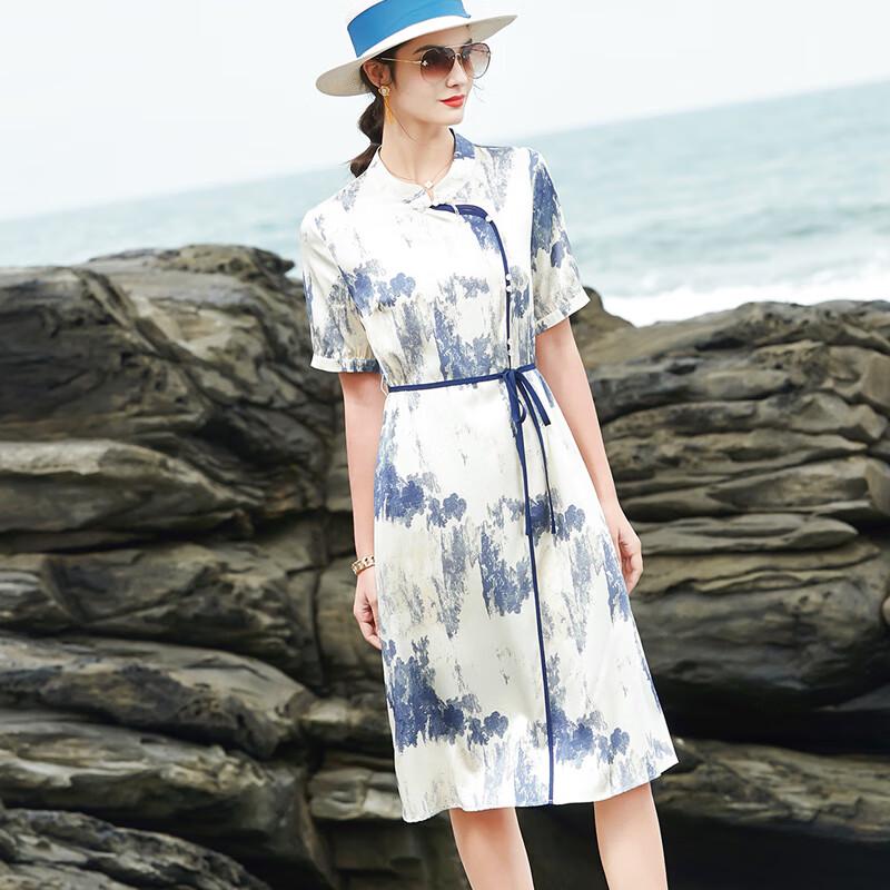 XUEXI New Chinese Style Mulberry Silk Ink Dye Dress L