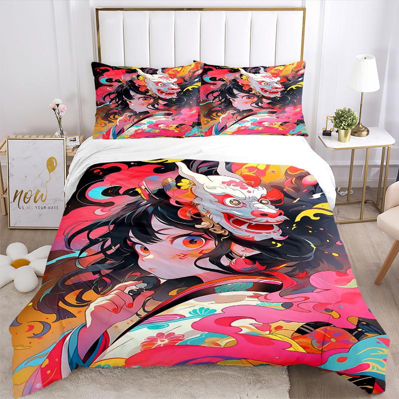 3pcs Whimsical Dragon Mask Quilt Set Cartoon Themed Bed Quilt Set Lovely Character Bedroom Decor Bed Quilt Set Four Seasons (1 Cover + 2Pillowcas