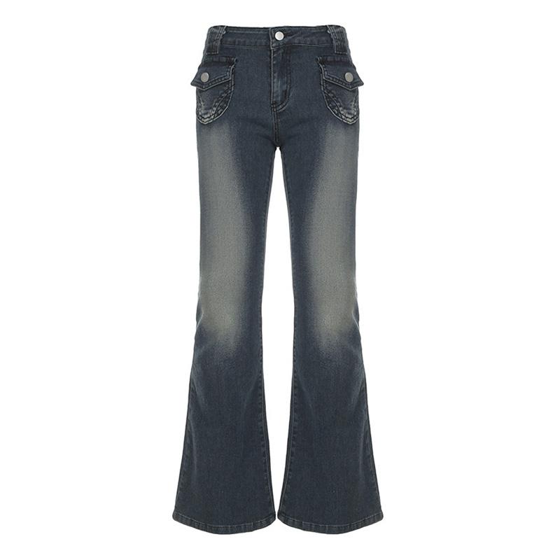 Vintage Y2k Flared Jeans Retro Button-up Middle Waist Casual Denim Pants Harajuku 2000s Basic Aesthetic Cotton Trousers 2025 Spring Autumn