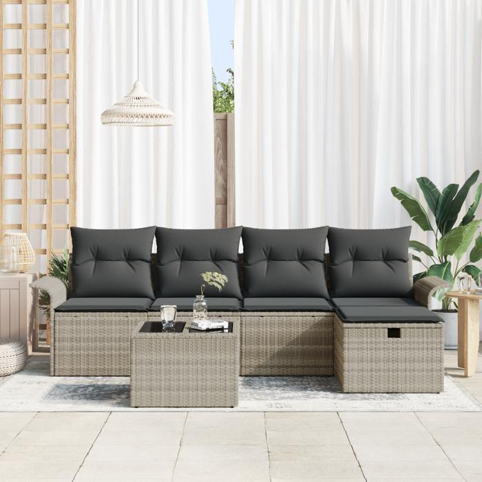 VidaXL Ensemble de canapé de jardin 6 pièces avec coussins gris clair en poly rattan. Résistant aux intempéries et super 3360203