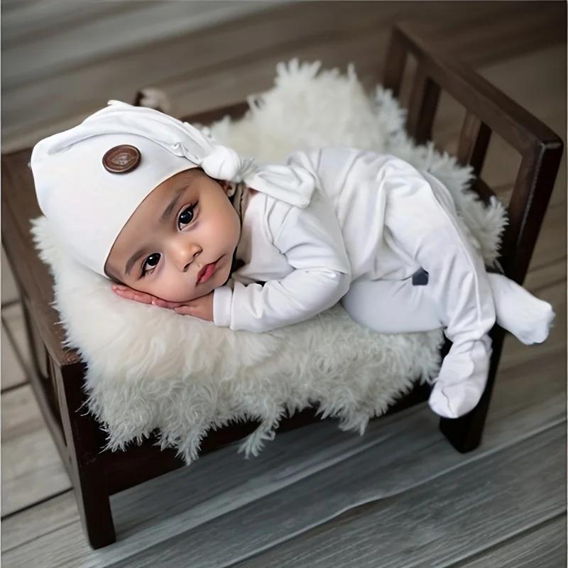 White Christmas Baby Bodysuit Outfit Newborn Photo Clothes with Long Tails Jumpsuit Hat Festive Christmas Baby Photography Wear