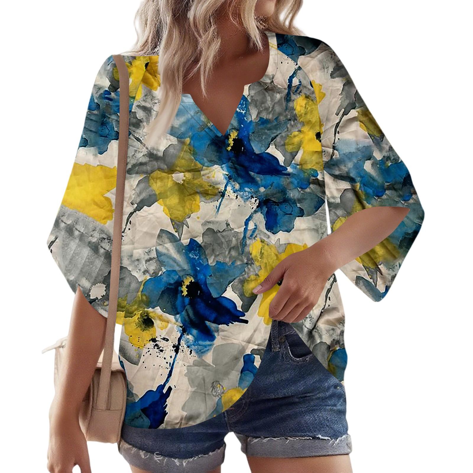 

Women s 3/4 Sleeve V Floral Shirt Casual Loose Tunic Top S