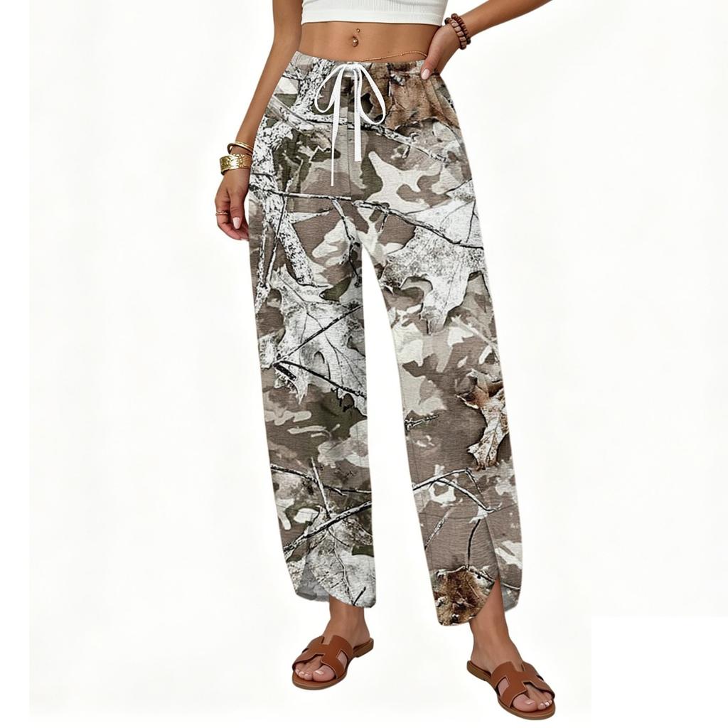 Women Casual Loose Fit Wide Leg Button Front Printed Pattern Long Pants with Adjustable Waist Drawstring and Side Pockets