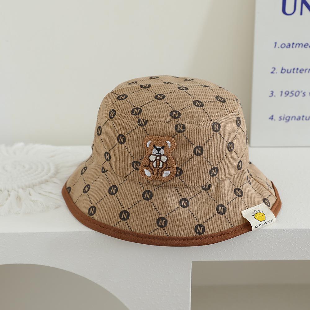 Kids' Autumn/Winter Corduroy Bear Patch Fisherman Hat - Korean Style Graffiti Duckbill Baseball Cap