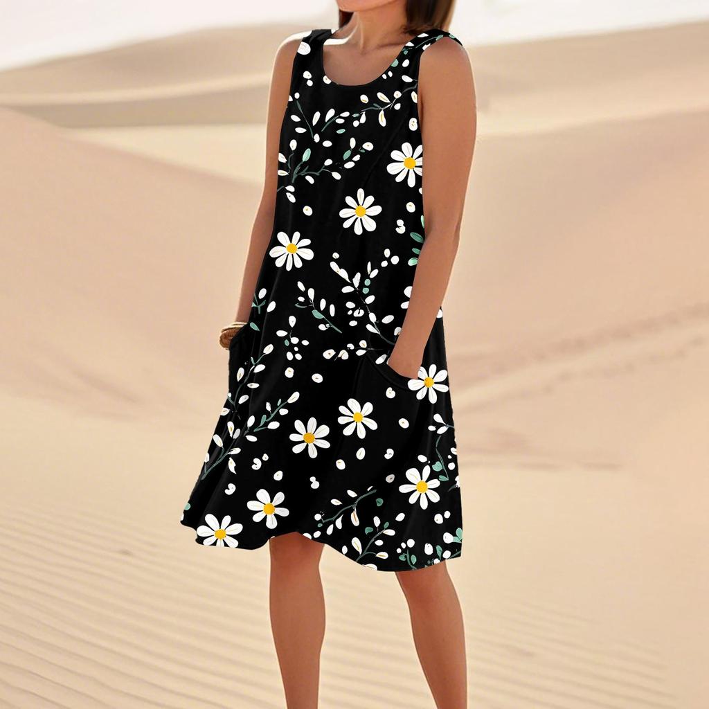 Print Dresses For Women Loose Beach Vacation Casual Sleeveless Sundresses With Pockets Tank Dress