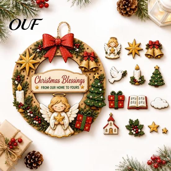 DIY Holiday Craft Decorations Interchangeable Wooden Christmas Wreath, 12 Pcs Front Door Plaque, Indoor Festive Atmosphere Decor Handmade Pattern