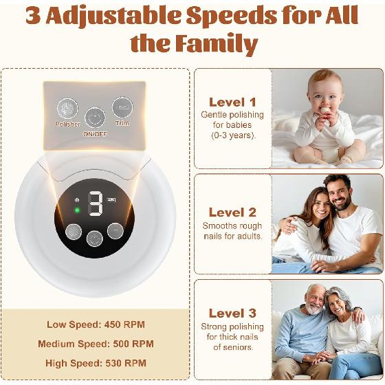 3 Speed Electric Nail Clipper, Rechargeable Electric Nail Clippers for Adults, Baby Nail Trimmer with Polisher, Dust Storage & LED Light, Automatic