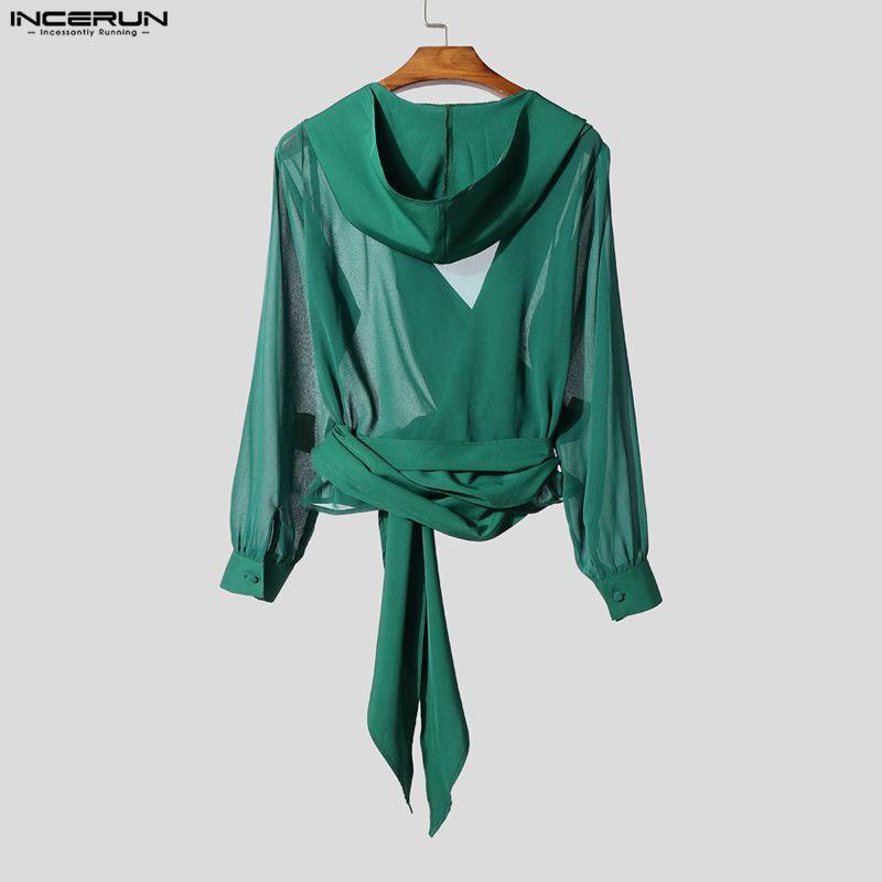 INCERUN Oversized Men V Neck Long Sleeve Bandage Transparent Loose Hooded Tops T-shirts