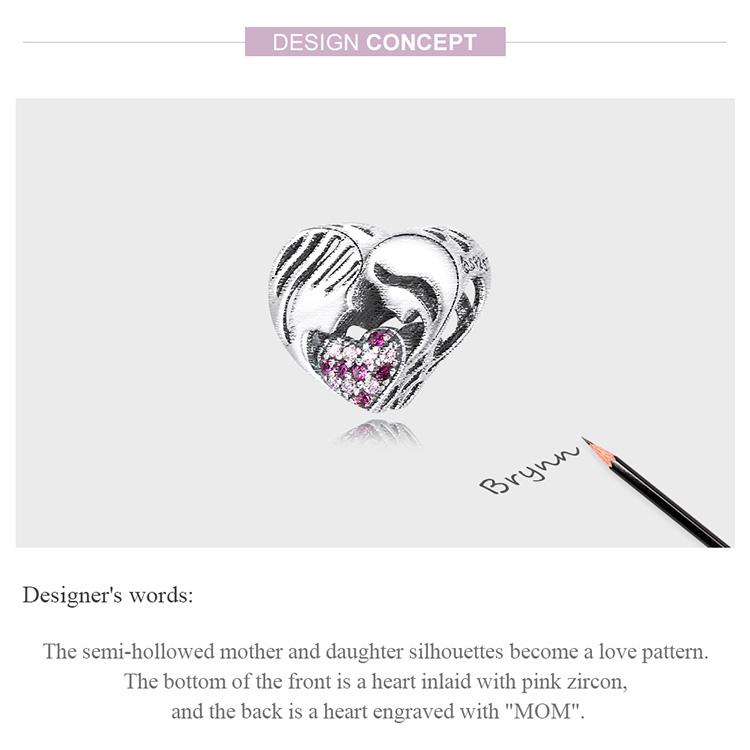 BAMOER 925 Sterling Silve Charm Heat Mom Daughter Love Silhouette Zircon Fit Charms DIY Bracelets Bangles Women Jewelry
