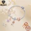 BISAER 925 Silver Rose Gold Charm Bead Heart Flower Pendant For Girl Bracelet DIY Mother's Day Birthday Fine Jewelry
