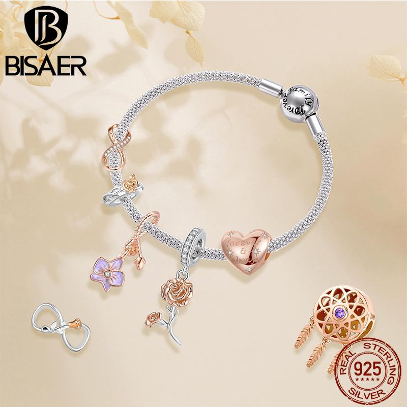 BISAER 925 Silver Rose Gold Charm Bead Heart Flower Pendant For Girl Bracelet DIY Mother's Day Birthday Fine Jewelry