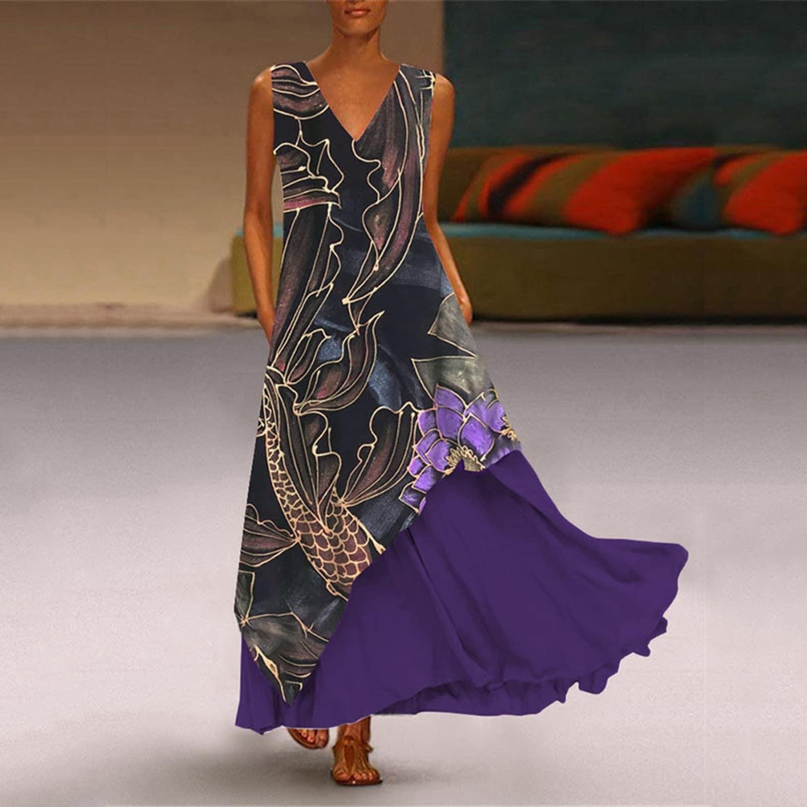 Women s Fashion Casual V-neck Sleeveless Fake Two Piece Dress Long Skirt XXL