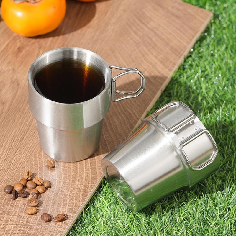 2er-Pack Edelstahl Isolierbecher für Camping, klappbarer Griff, doppelwandige Kaffeetassen für Outdoor, Wandern