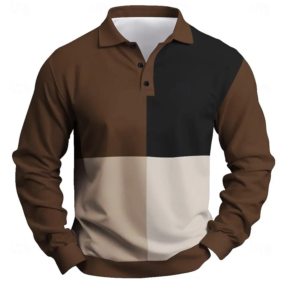 2025 Fashion Men'S Color Block Long Sleeve Polo Shirt Breathable Casual Tops Slim Fit Quick Drying Classic Collar Polo Shirt
