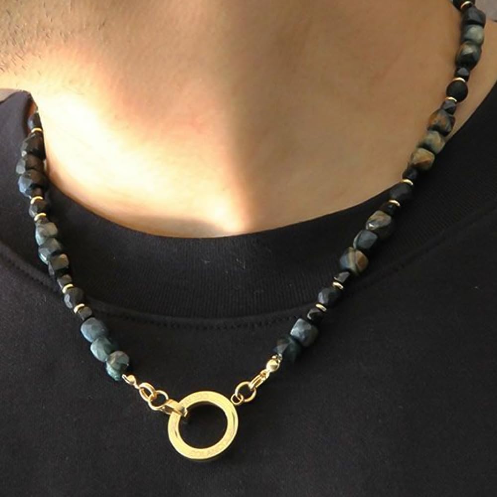 [Kolan Kolan] FORCE 5 Polyhedral Cube Necklace with Dark Blue Tiger Eye Negative Ion Relaxing Stone (Small, approx. 40cm)