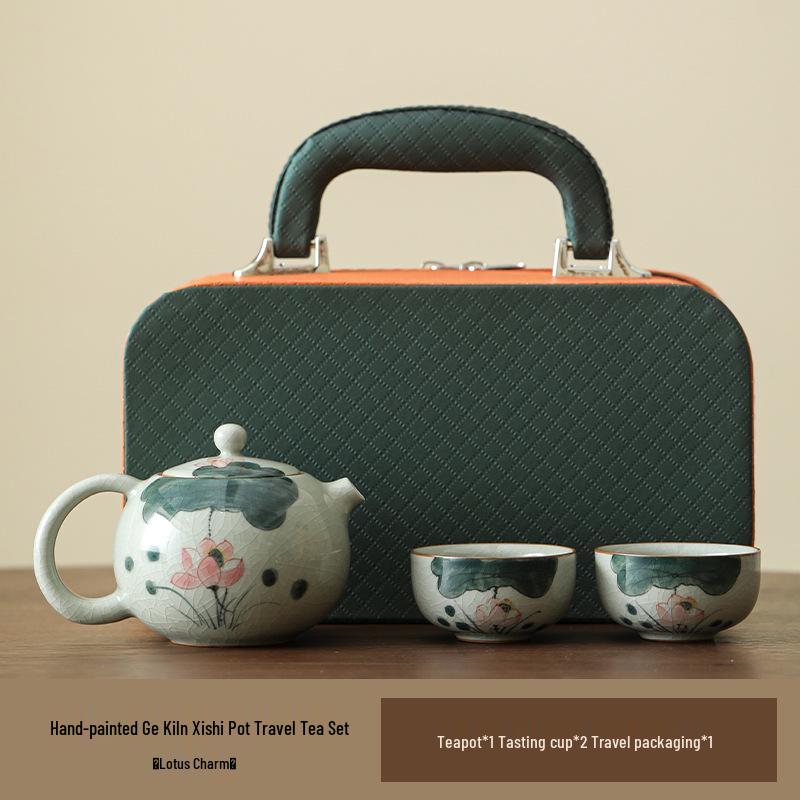 Hand-Painted Ge Kiln Ceramic Kung Fu Tea Set: Teapot & Two Cups Portable Set
