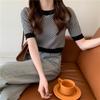 Summer Retro Plaid Color Blocking Short Sleeve Knit Women Casual Bottom Shirt Top Casual Summer Essential Comfort and Style Slim Fit Pullovers Tees