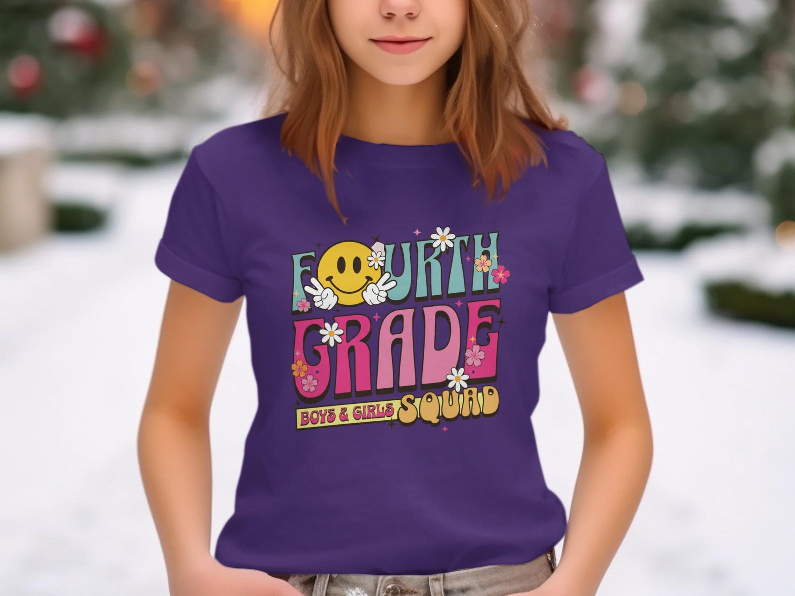 Groovy Fourth Grade Squad T-Shirt, Retro Smiley Peace Sign Tee S