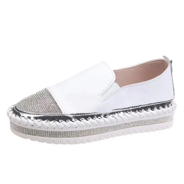 Aphixta Crystals Round Toe Leather Flats Shoes Women Silver Bling Loafers Couple Platform Woman Flat With Students spring autumn