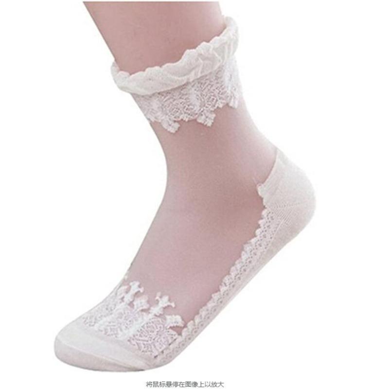 Women Sheer Crystal Lace Socks Transparent Ankle Socks with Ruffle Trim Stackable Fashion Footwear for Daily Wear
