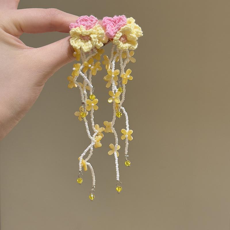 Vintage kontrastierende Blumen Perlen Quasten Ohrringe Sommer süßes Mädchen Herz Ohrringe Reise Foto Urlaubsstil Ohrringe