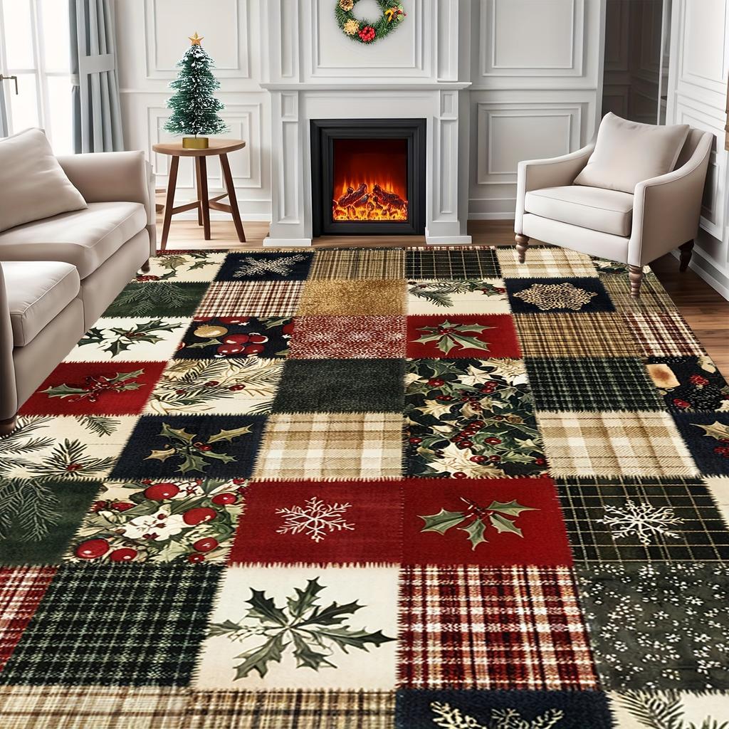 Vánoční patchwork koberec Sněhulák Sob Kobereček Červeno-zelená kostkovaná podložka Cesmína Bobule Domácí dekorace Protiskluzová podložka na podlahu do obývacího pokoje