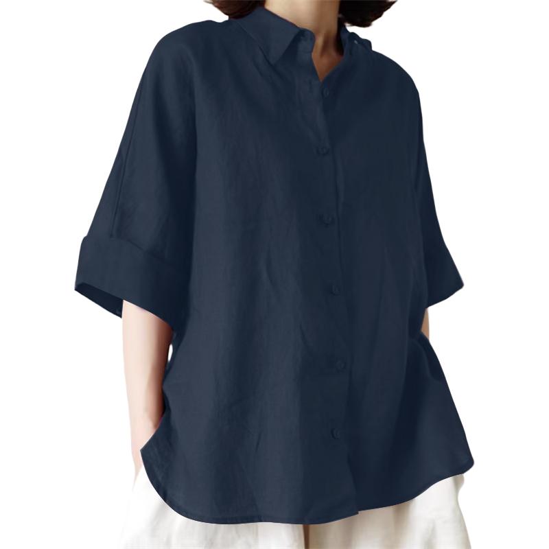 

ZANZEA Женская повседневная хлопковая блузка свободного кроя с рукавами 3/4 и отложным воротником 3XL тёмно-синий