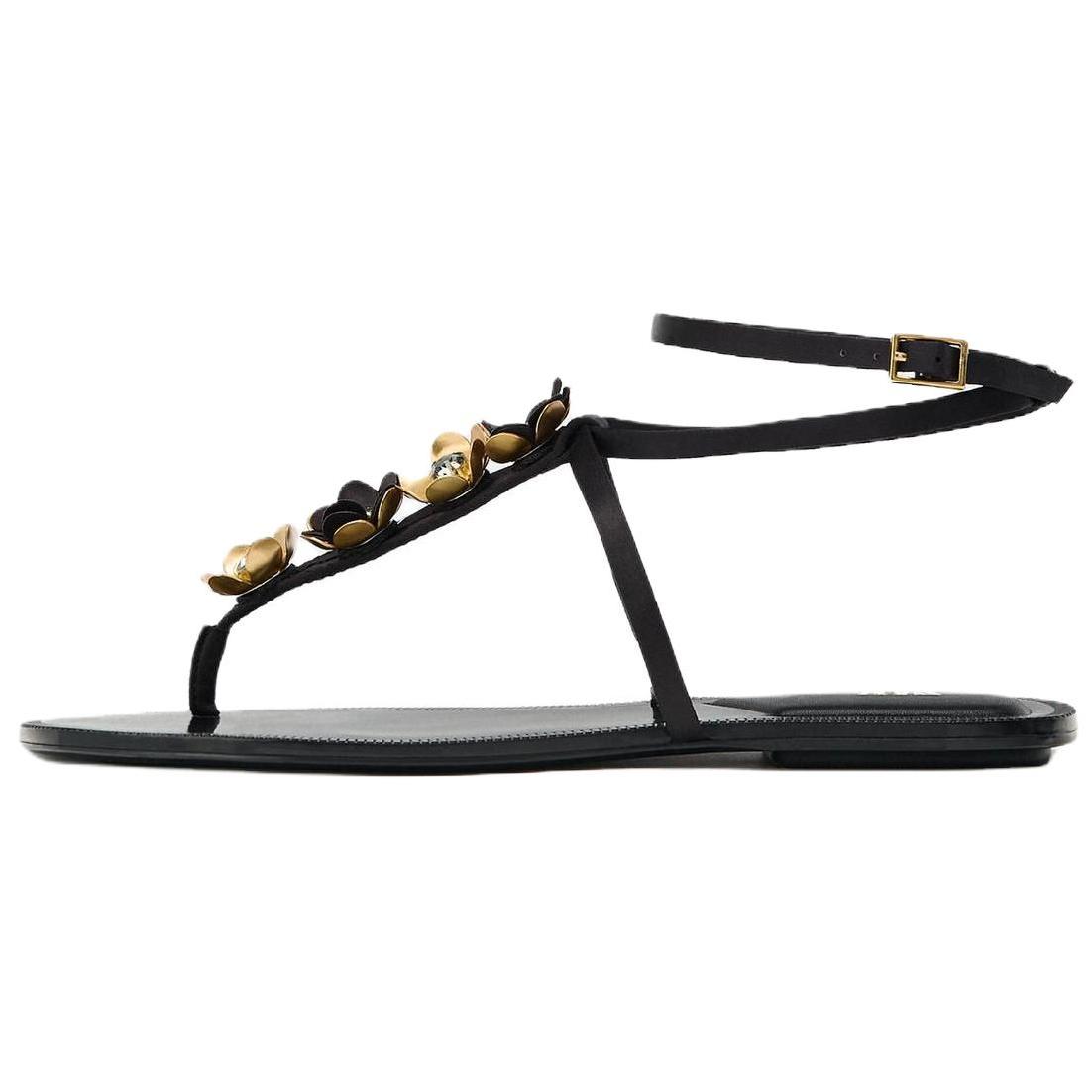 Zara Floral Embellished Toe Post Ankle Strap Flat Sandals Black Gold Women 13608510800 36