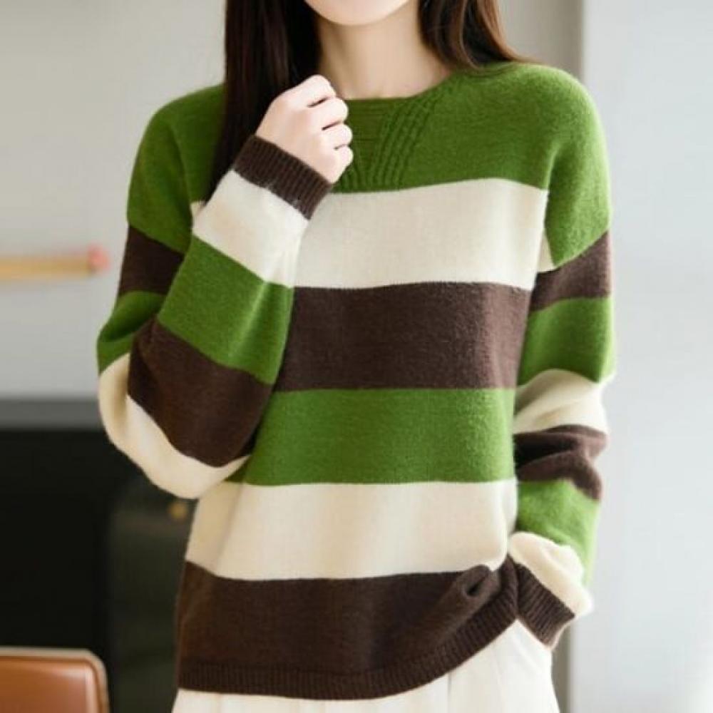 Navava Women Striped Colorblock Long Sleeve Knit Top Nk3529