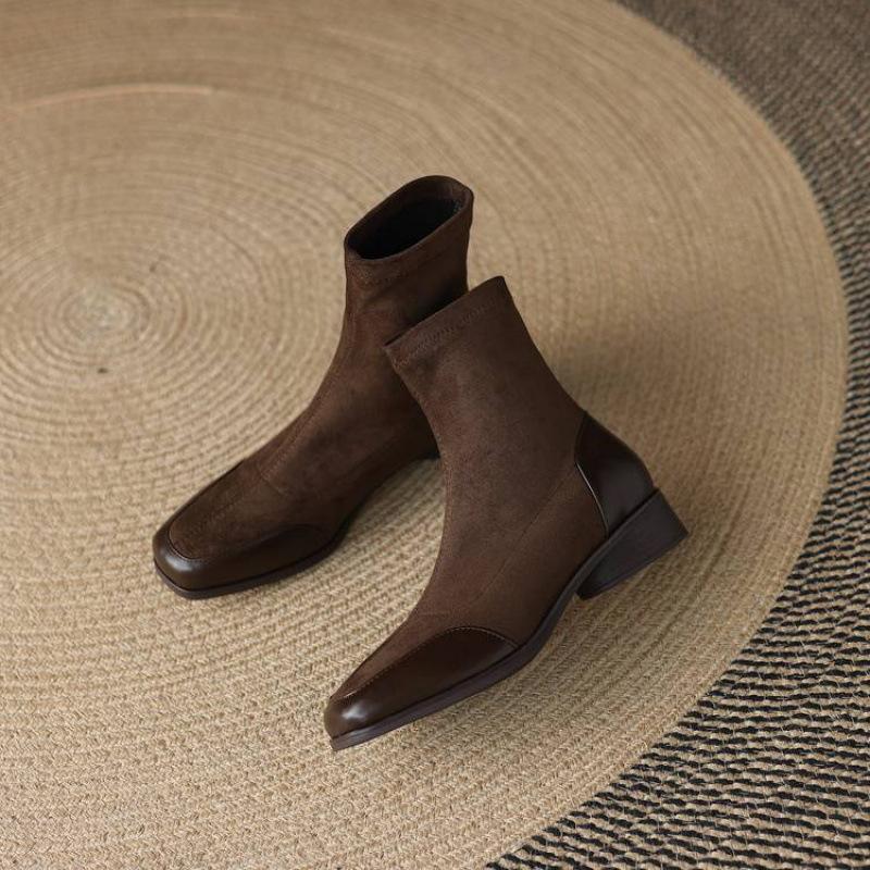 New Square Head Women's Large Size Martin Boots Solid Color Elastic Suede Low Heel Women's Boots Autumn and Winter Square Heel Medium Boots Women's
