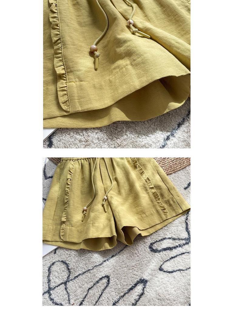 Women's Yellow Ruffled Wide-Leg Summer Shorts with Elastic Drawstring Waist