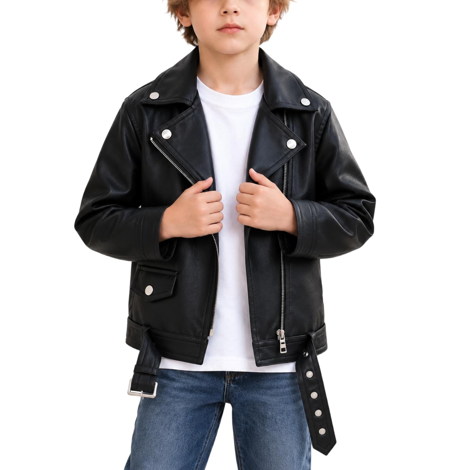 Lässige Mode Lederjacke für Kinder, Kurze Oberbekleidung für Jungen und Mädchen 120 schwarz