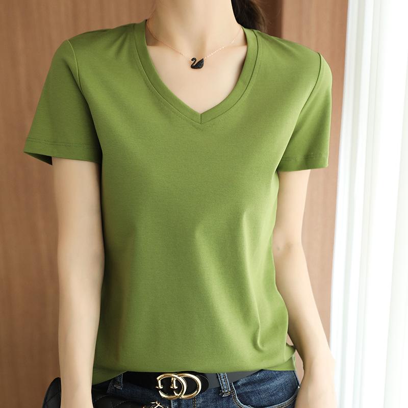 

Футболка с V-образным вырезом для женщин Футболка из мерсеризованного хлопка для хлопковой нити Летняя новая приталенная универсальная футболка с короткими рукавами XXL