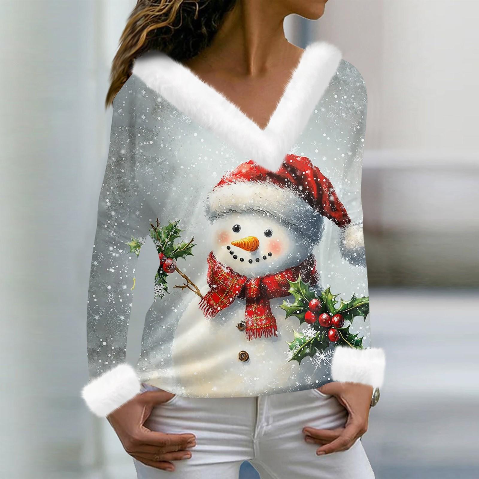 

Женская футболка с рождественским принтом, длинный рукав, флисовый воротник, V-образный вырез, футболка XXL