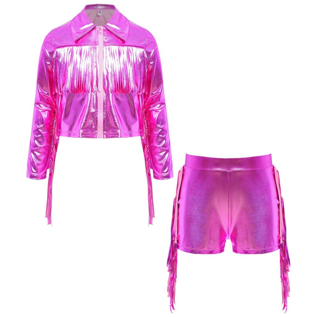 Mädchen Tanzjacke Quasten Fransen Metallic Top Umlegekragen Langarm Reißverschluss Glänzende Jacke Shorts