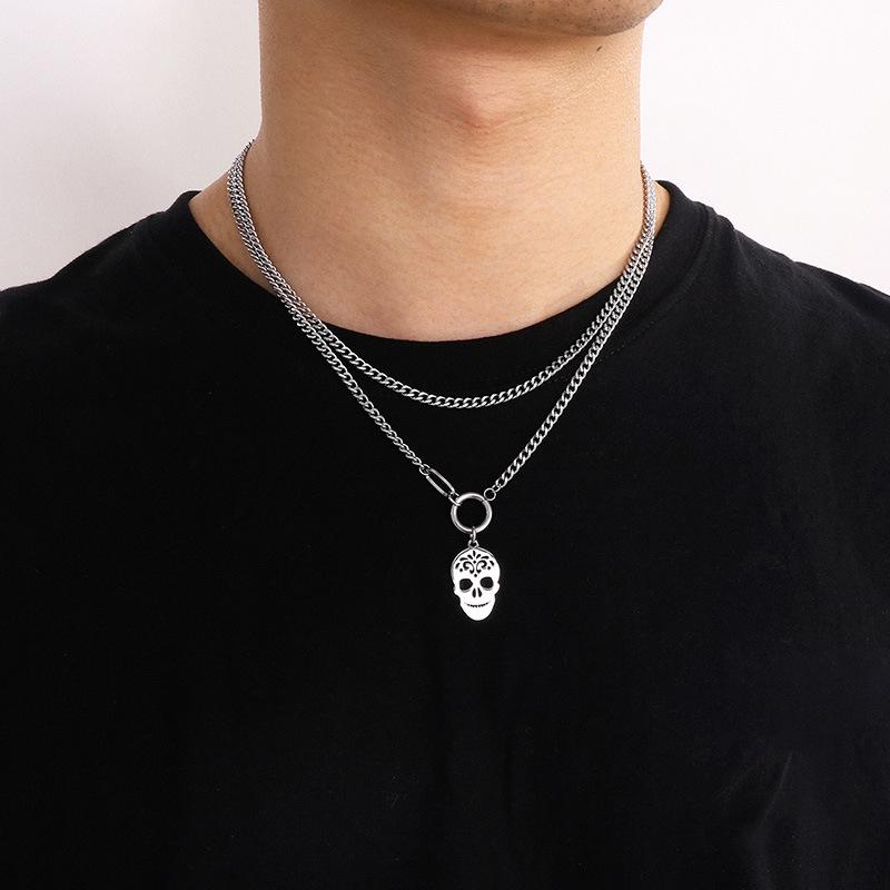 Stack with Double -sided Cuban Chain Titanium Steel Skull Necklace