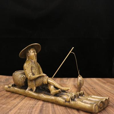 Antique Copper Taigong Fishing Ornament Jiang Ziya Bronze Statue Fisherman Wishing To Be Hooked Home Study Room Craft Deco
