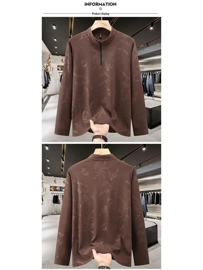Plus-Size Men's High-End Fleece Half-Zip Stand Collar Long Sleeve Warm Winter Base Layer Shirt