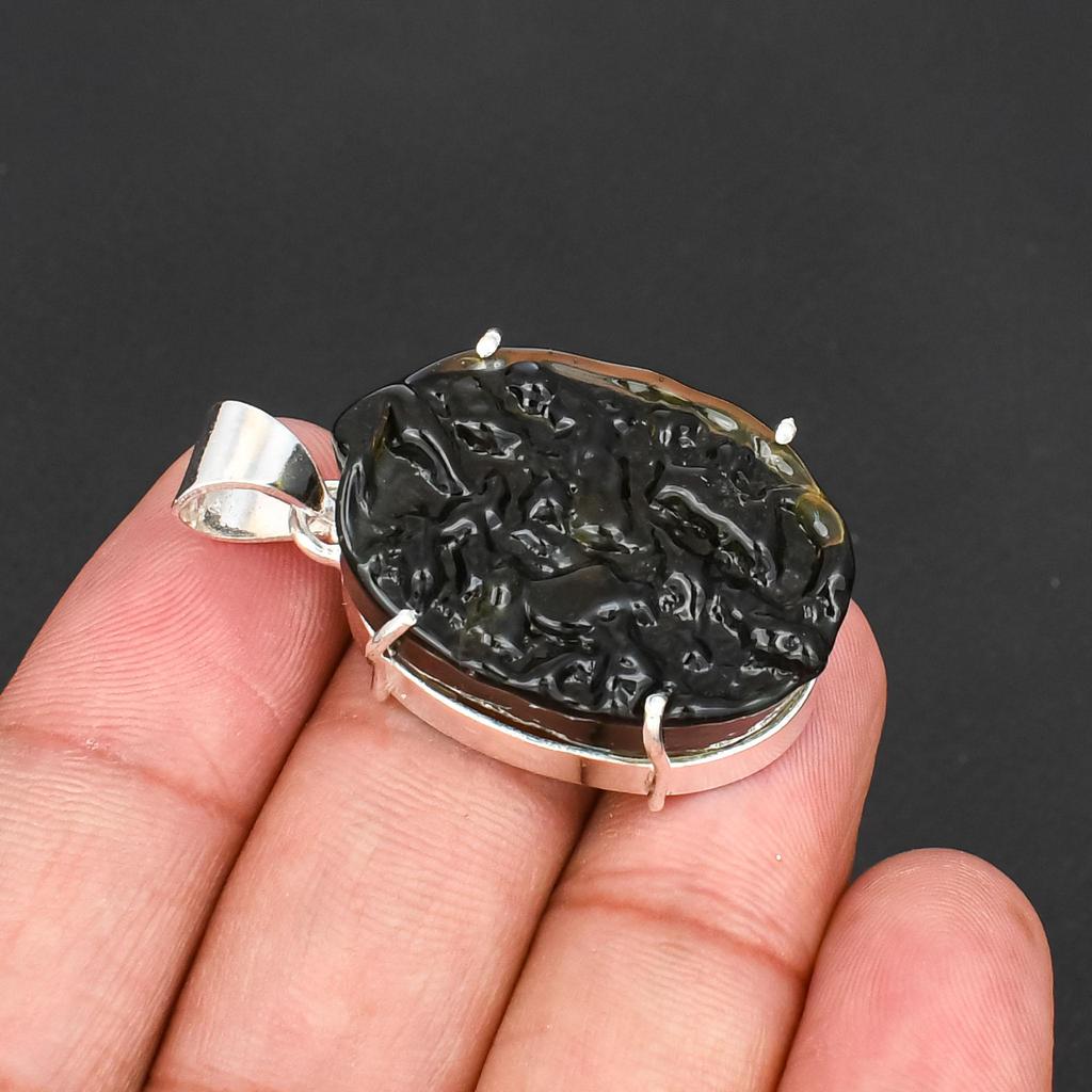 Rare Moldavite Gemstone Pendant Handcrafted Textured Stone Charm 925 Sterling Silver Plated Jewelry for Men & Women