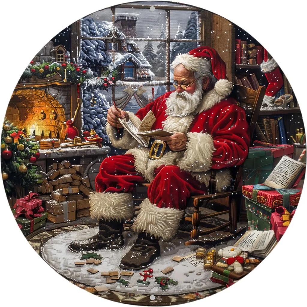 Round Metal Tin Sign Art Painting Wreath Decorative Plates Cartoon Snowman Christmas Poster for Home Garden Garage Wall Decor