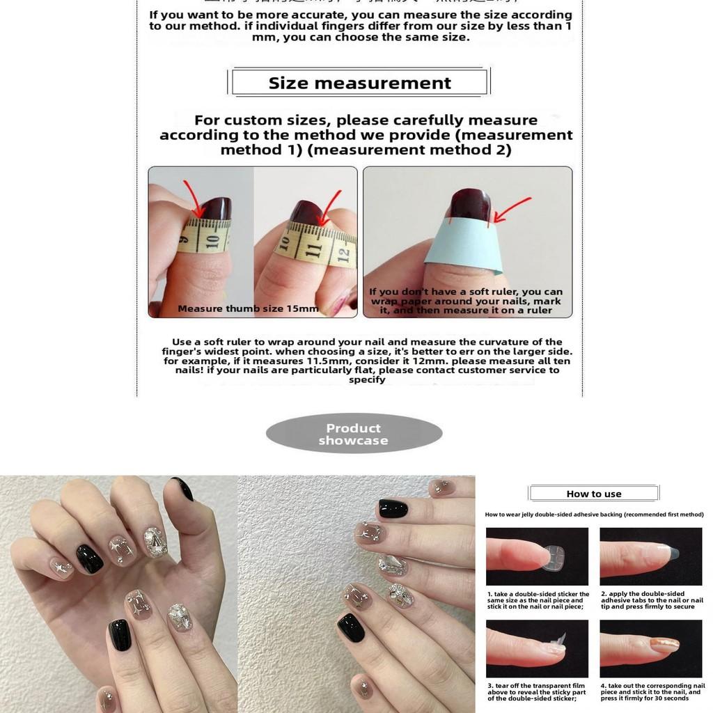 Short Fake Nail Decals With Black Sparkling Water Diamoans And Star Motifs For Cute And Trendy Nail Looks