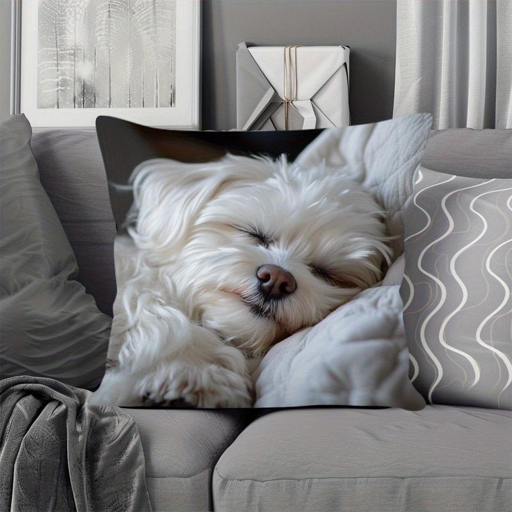1Pc Sleeping Maltese Printed Throw Pillow Cover, Suitable For Sofa, Bedroom, Living Room, A Heartwarming Gift For Dog Lovers.