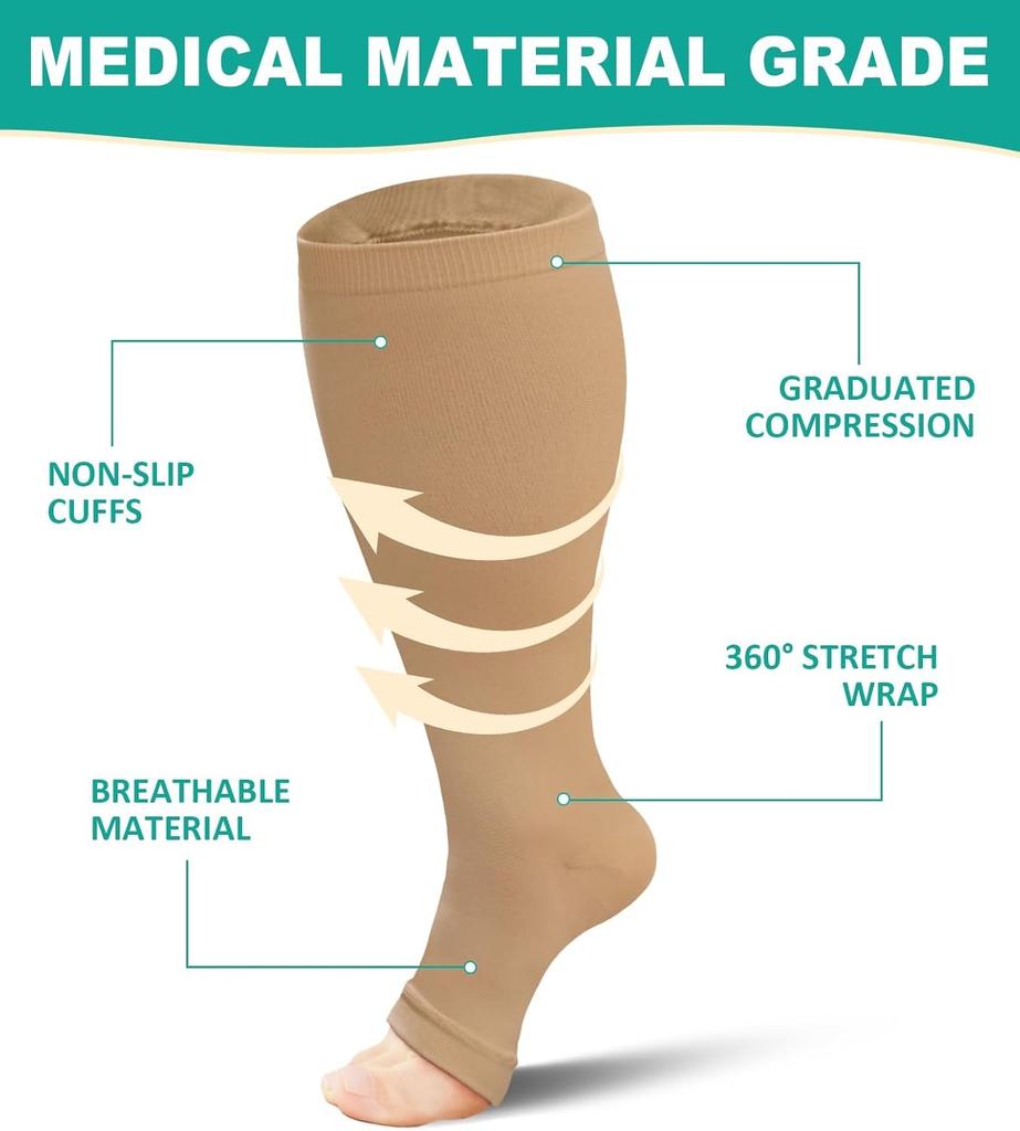 1Pair Toeless Compression Socks for Women Men,Plus Size Compression Socks Wide Calf for Circulation Edema Varicose Veins